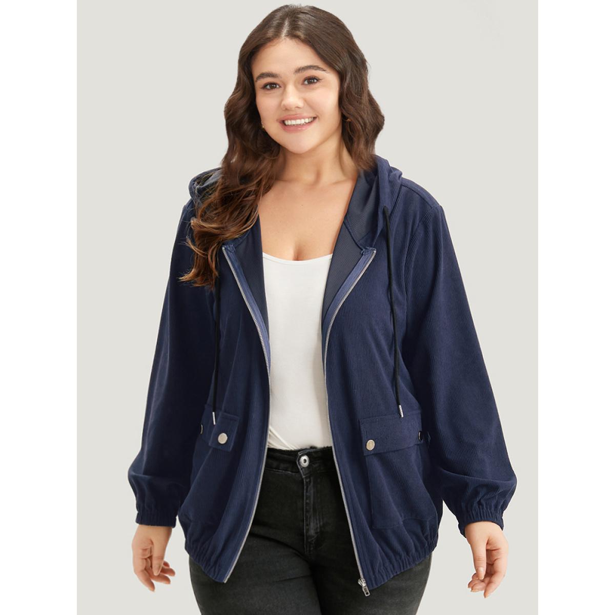 Plus Size Halloween Solid Flap Pocket Hooded Drawstring Jacket Women Indigo Texture Loose Pocket Dailywear Jackets BloomChic 26/4X Product Image