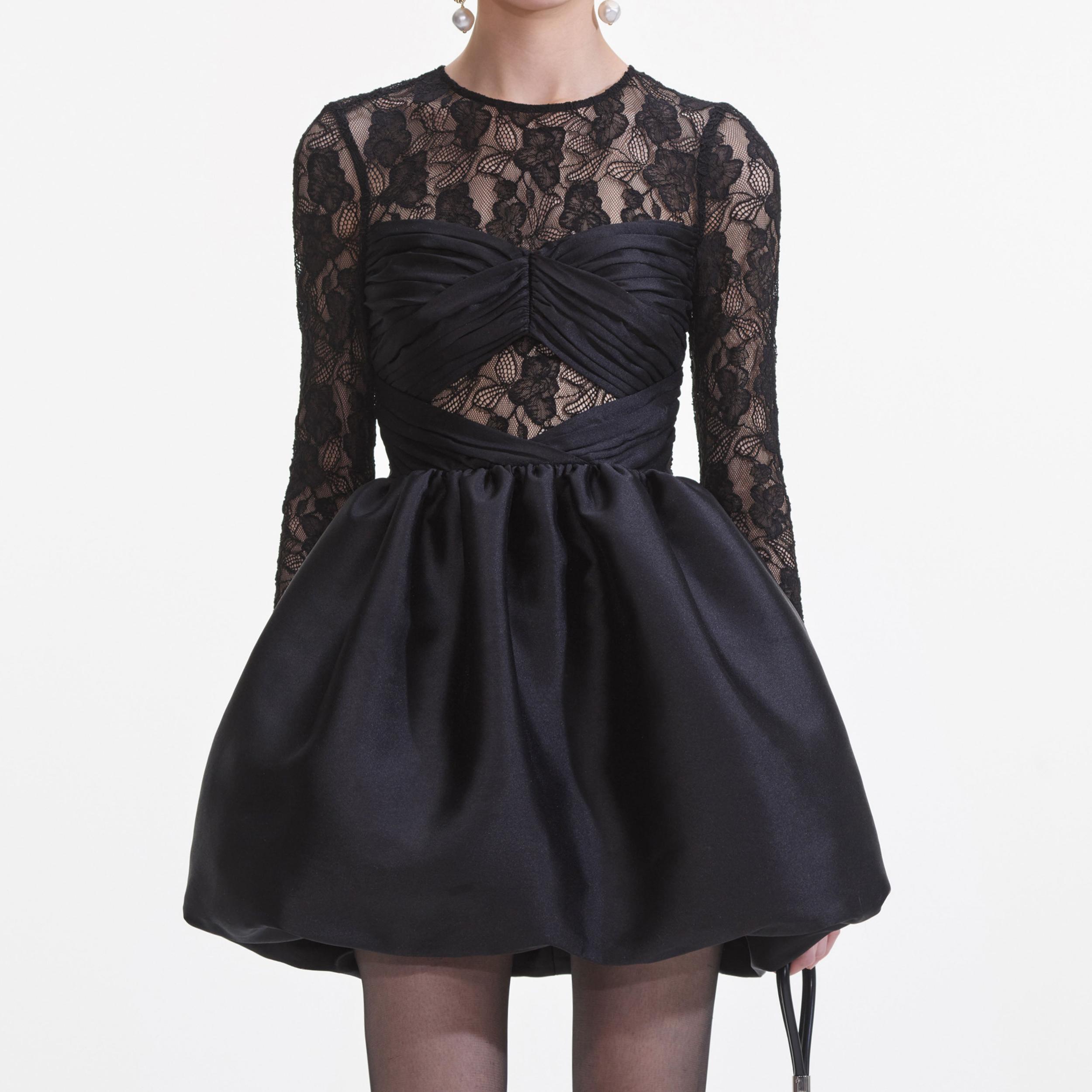 Black Taffeta Lace Mini Dress Product Image