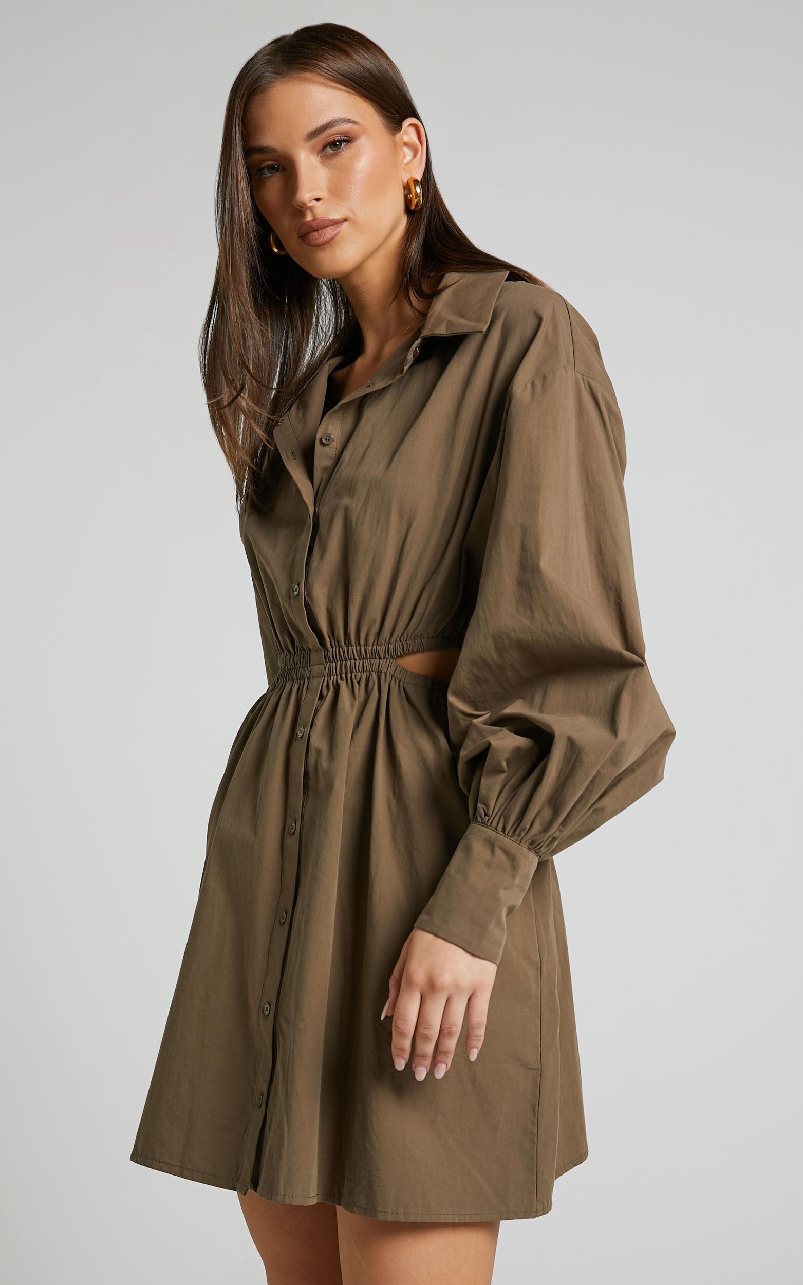 Jiah Dress - Side Cut Out Mini Shirt Dress in Khaki Product Image