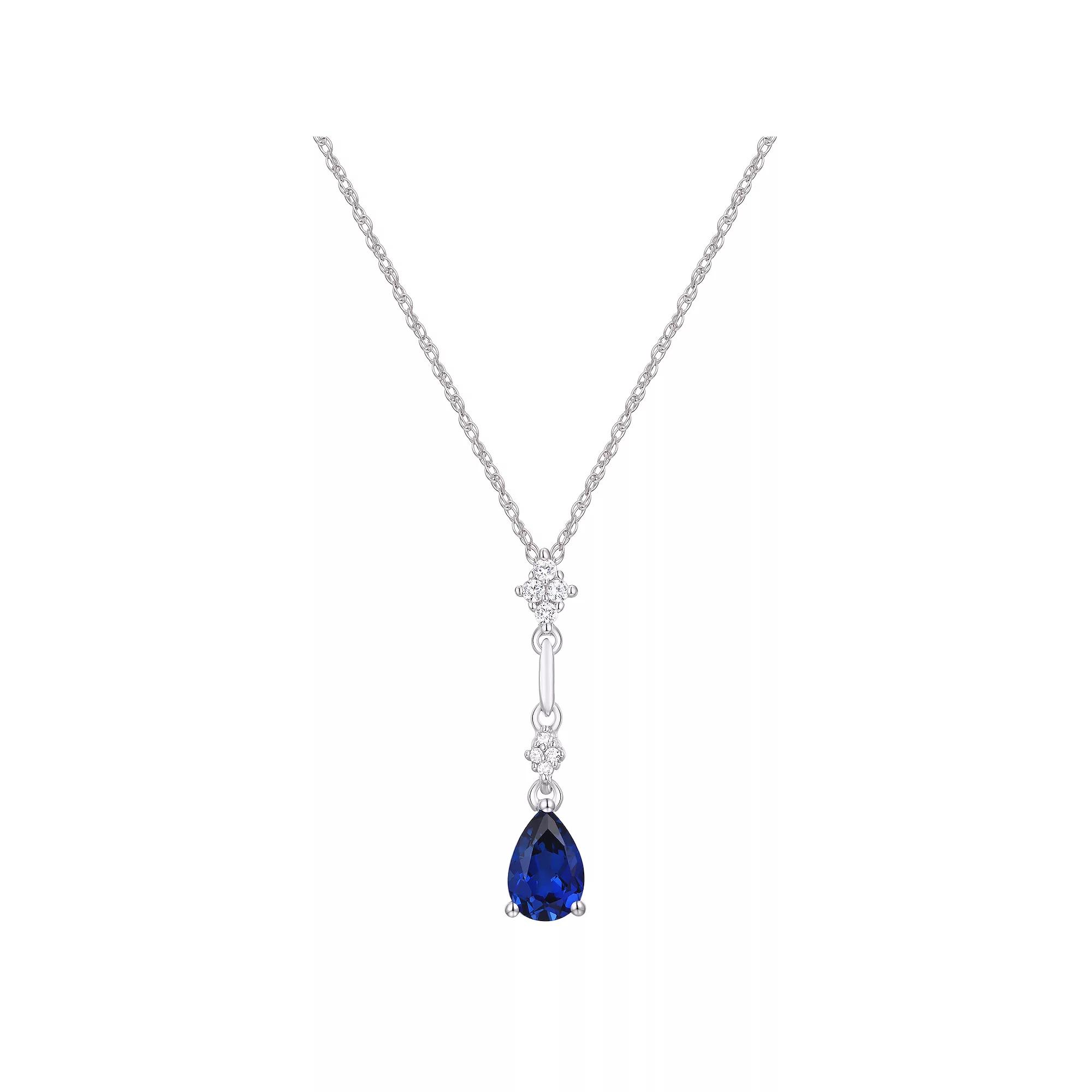 Rhodium Over Sterling Silver Teardrop Gemstone With Lab-Created White Sapphire Accents Pendant Necklace, Women's, Size: 18", Created Blue Blue Product Image