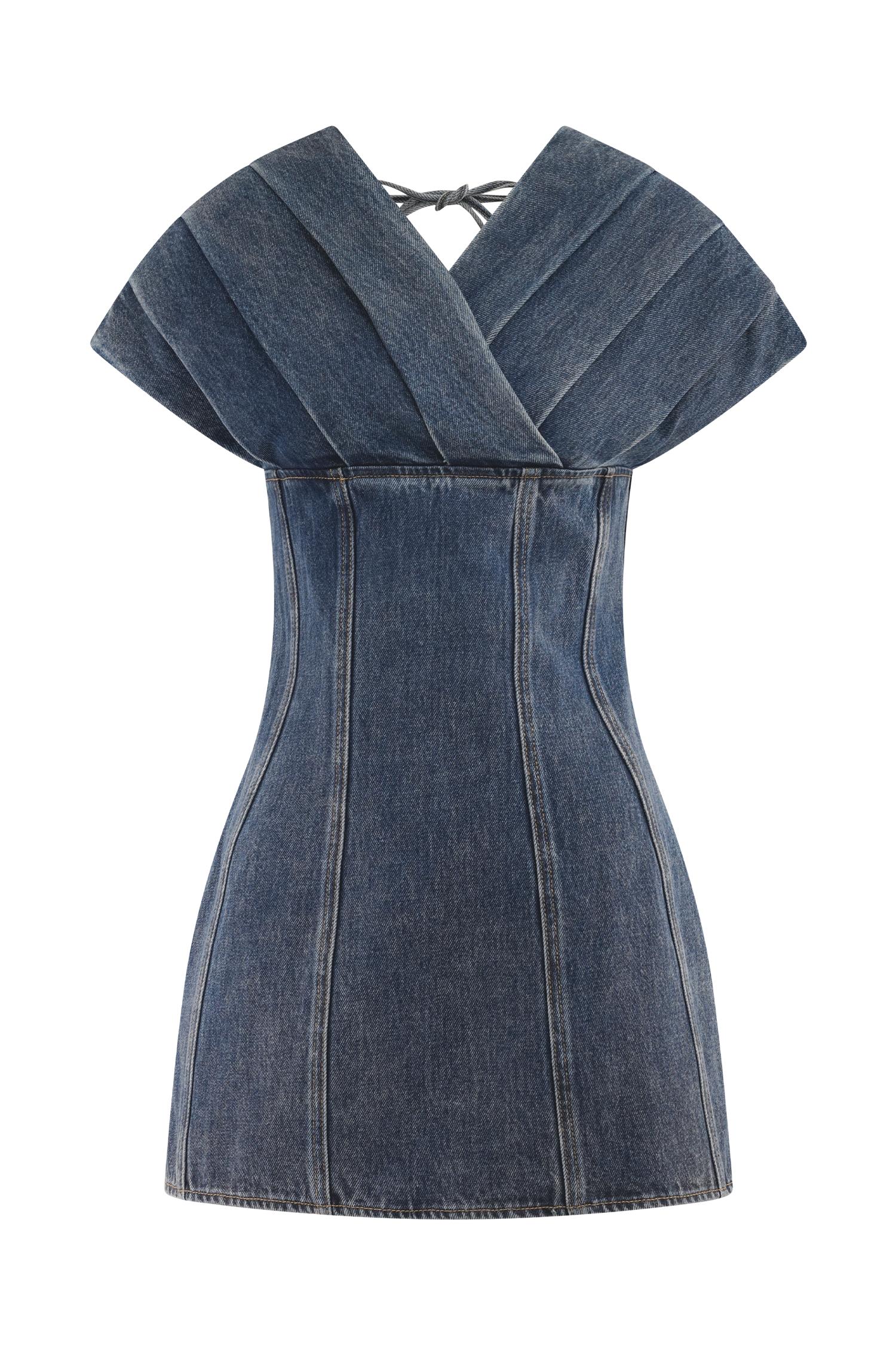 Pascale Off Shoulder Denim Mini Dress - Washed Dark Blue Product Image
