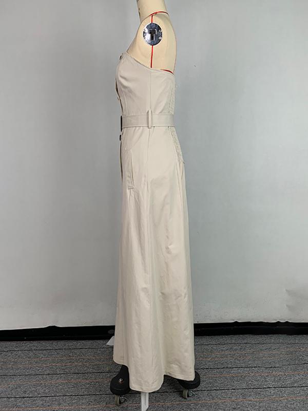 A-Line Loose Belted Buttoned Pockets Tube Maxi Dresses Product Image
