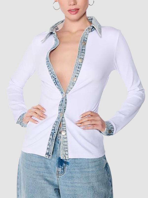 Long Sleeves Skinny Buttoned Split-Joint Lapel Blouses&Shirts Tops Product Image