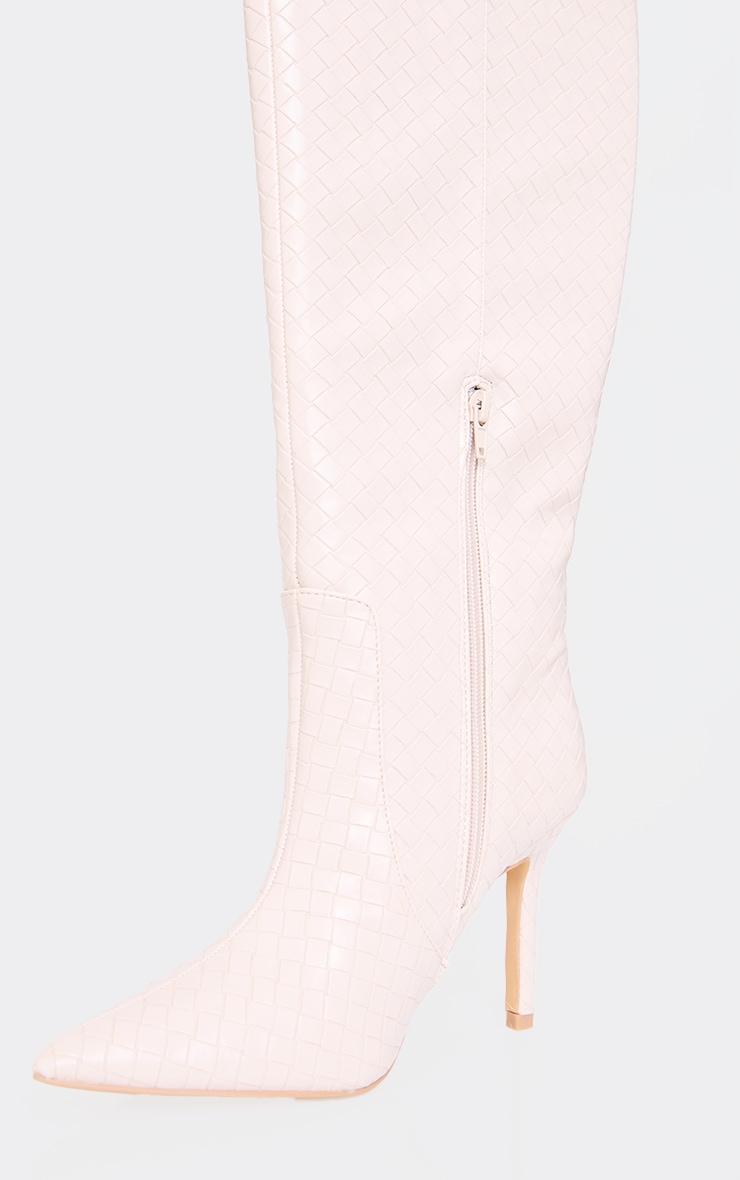 Oatmeal PU Point Toe Basket Weave Knee High Boots Product Image