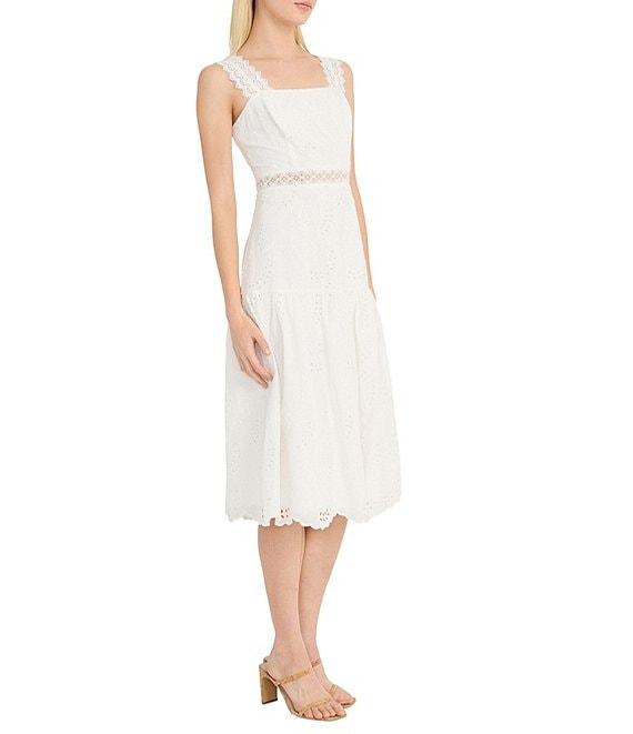 Donna Morgan Eyelet Square Neck Sleeve Lace Trim Blouson Midi Dress Product Image