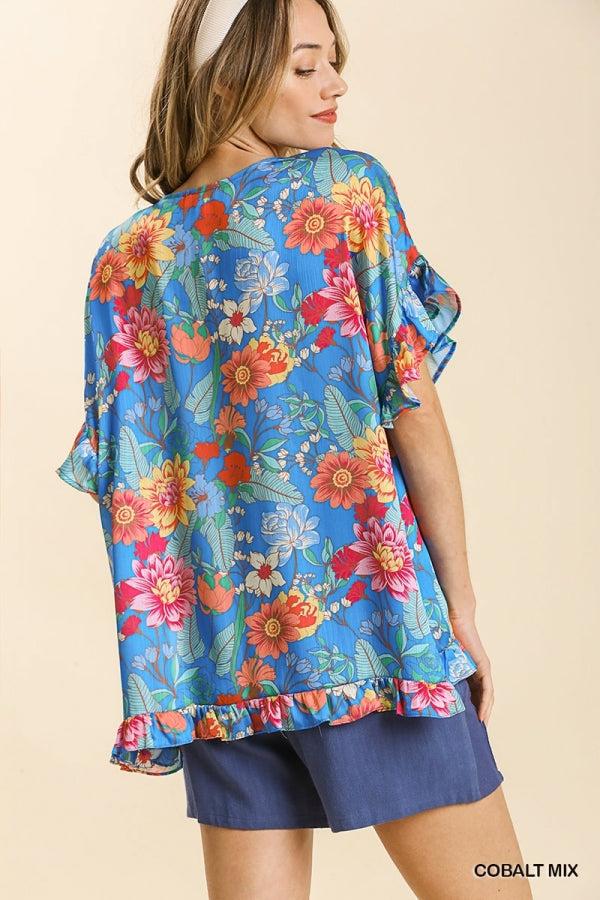 Susanne Satin Floral Print V-Neck Ruffle Hem Top - Reg & Plus! Product Image