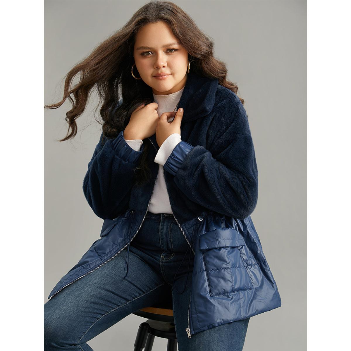 Plus Size Fuzzy Patchwork Zipper Drawstring Coat Women Indigo Casual Plain Ladies Dailywear Winter Coats BloomChic 14-16/1X Product Image