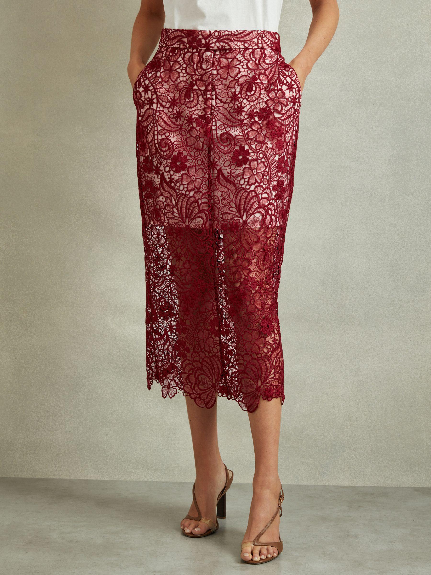 Sheer Lace Midi Pencil Skirt in Burgundy Product Image