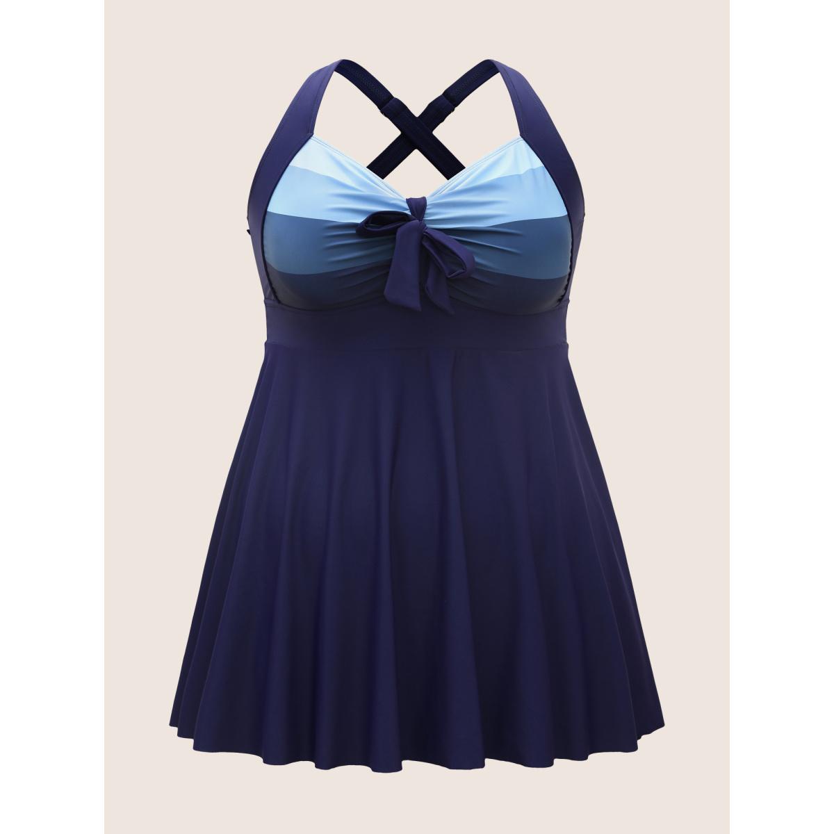 Plus Size Contrast Heart Neckline Patchwork Tie Knot Swim Dress Women's Swimwear Indigo Beach Bodycon Heart neckline High stretch Curve Swim Dresses BloomChic 18-20/2X Product Image