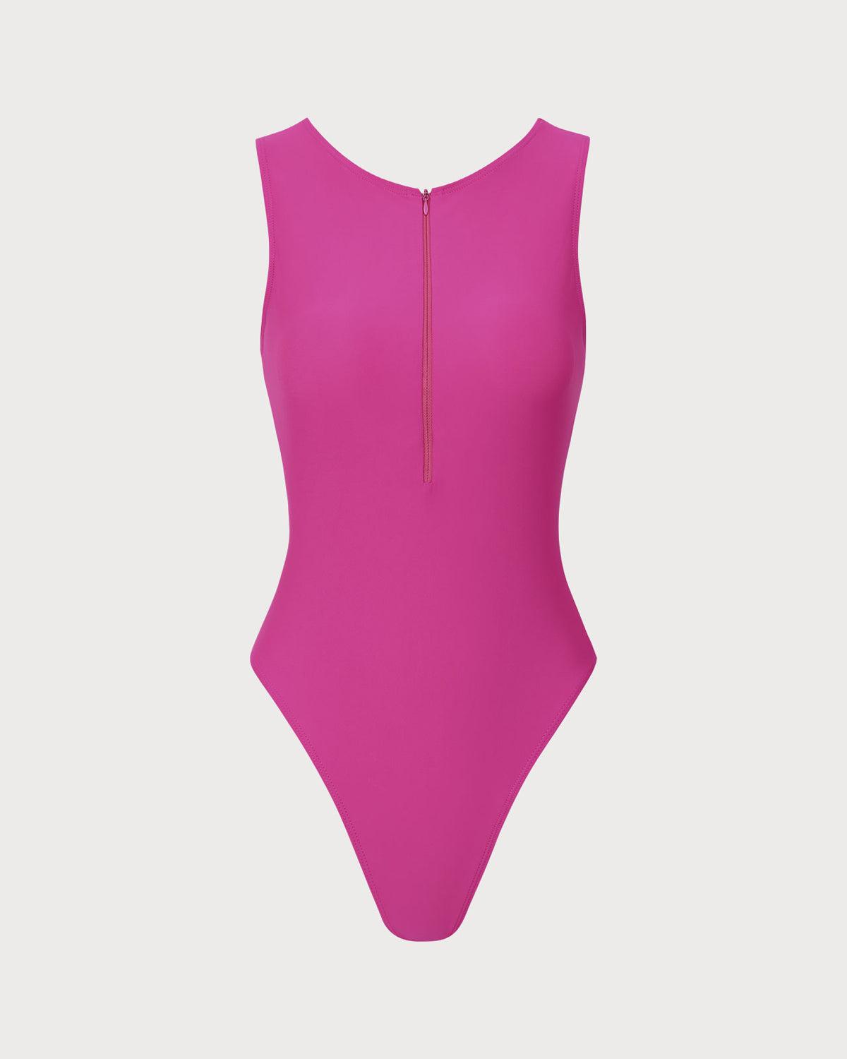 Rose Red Knit Zipper One-Piece Swimsuit Product Image