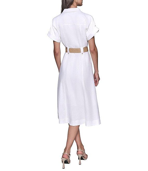 KARL LAGERFELD PARIS Linen-Blend Notch Collar Neck Short Sleeve Belted Button Front Shirt Midi Dress Product Image
