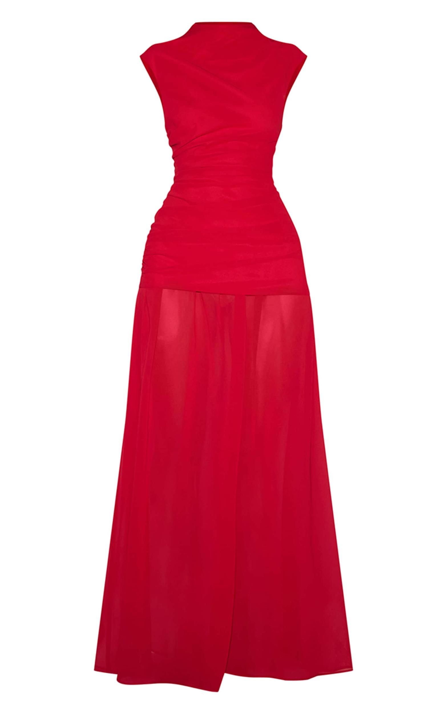 Red Chiffon Ruched Dropped Waist Sleeveless Maxi Dress Product Image
