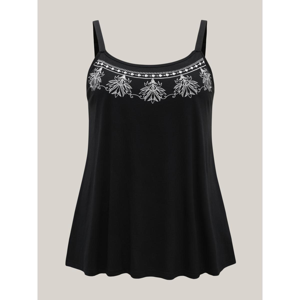 Plus Size Boho Embroidery Plain Tank Top Women Black Boho Embroidered Non Vacation Tank Tops Camis BloomChic 26/4X Product Image