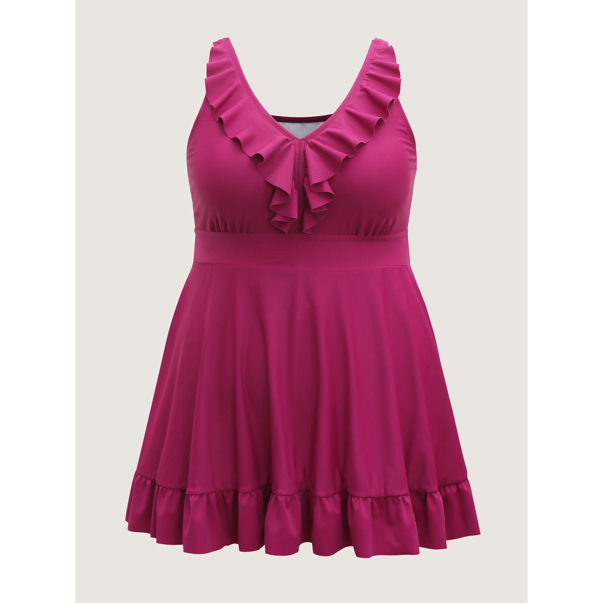Plus Size Ruffled Fit and Flare Swim Dress Women's Swimwear Rosered Resort Bodycon V-neck High stretch Curve Swim Dresses BloomChic 18-20/2X Product Image