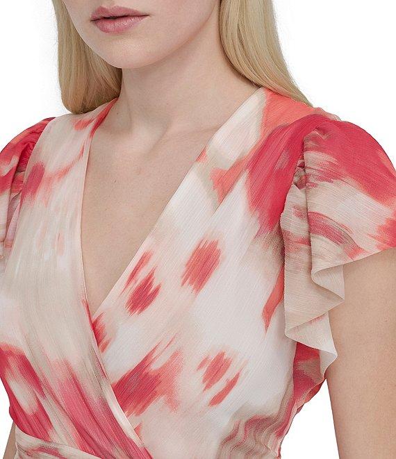 DKNY Donna Karan Petite Size V Neck Flutter Sleeve Tiered A Line Dress Product Image