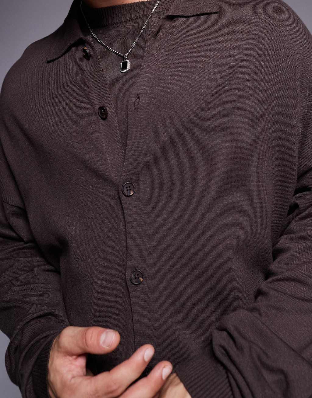 ASOS DESIGN relaxed knitted button through long sleeve polo in brown - part of a set Product Image