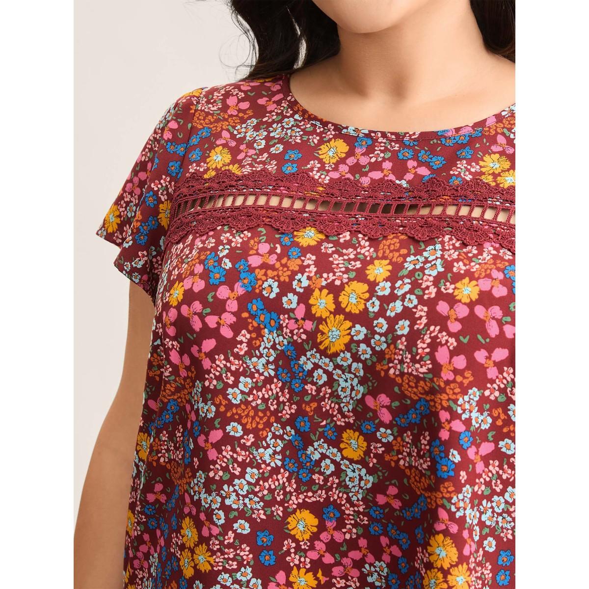 Plus Size Burgundy Multi-Color Floral Print Lace Spliced Blouse Women Timeless Cap Sleeve Round Neck Elegant Blouses BloomChic 12/L Product Image