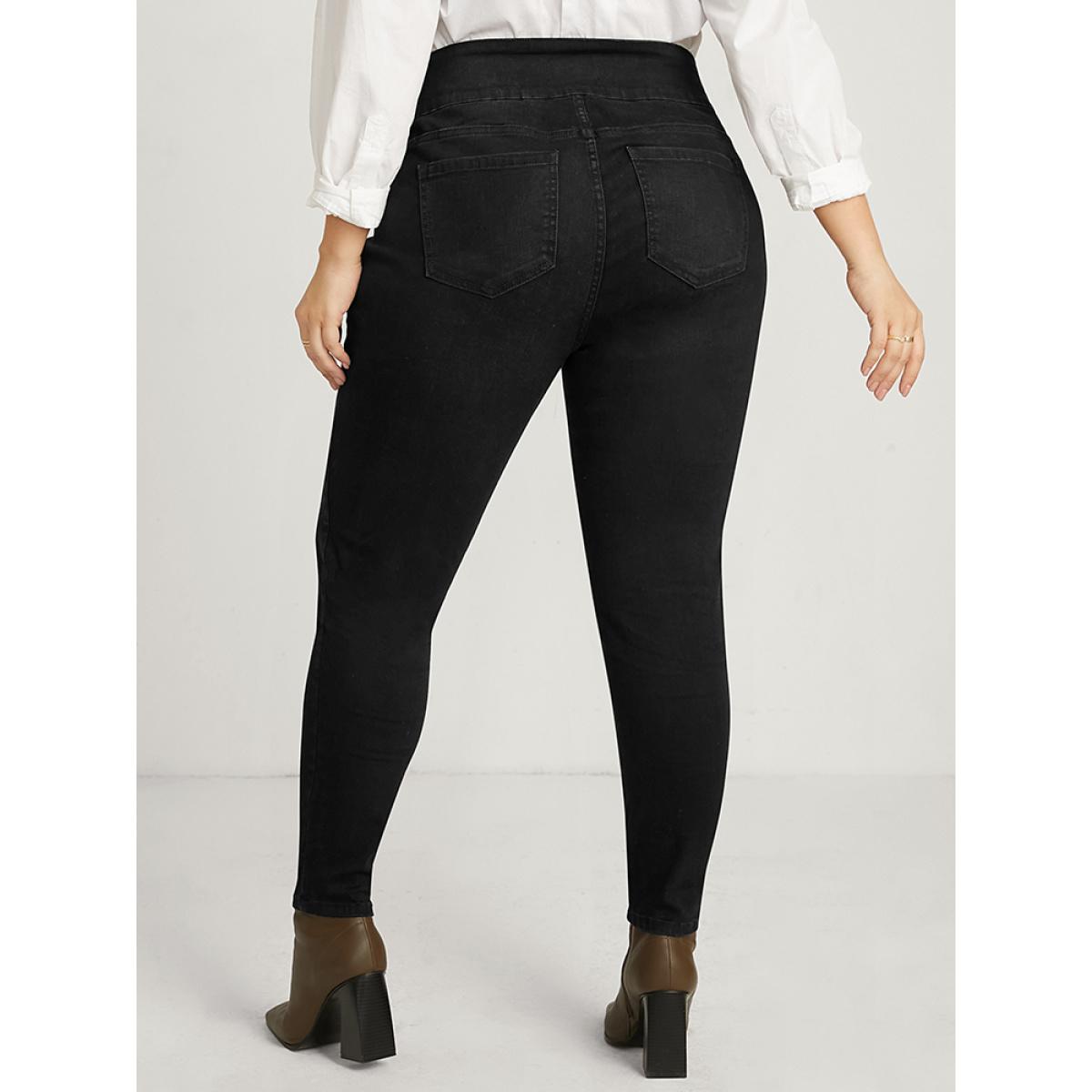 Plus Size Skinny Slightly Stretchy High Rise Black Wash Double Button Jeans Women Black Casual Plain Plain Low stretch Pocket Jeans BloomChic 14/1X Product Image