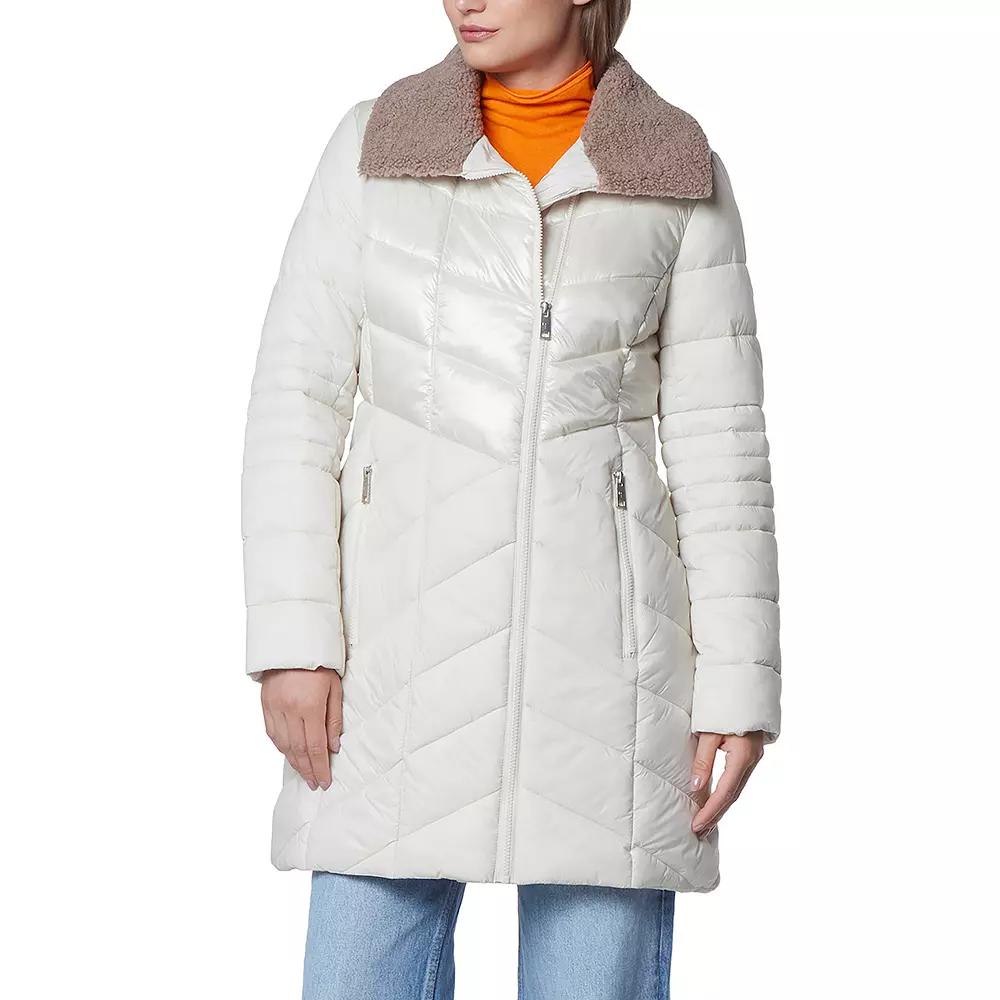 Women's Andrew Marc Marc New York Chevron Quilted Asymmetrical Puffer Coat, Size: Medium, Blue Product Image