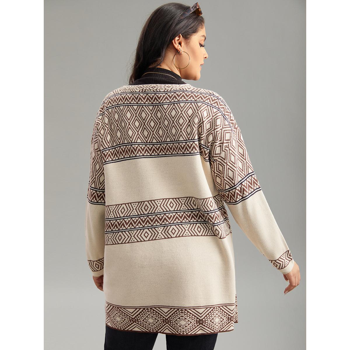 Plus Size Geometric Open Front Cardigan Champagne Women Casual Loose Long Sleeve Dailywear Cardigans BloomChic 28/5X Product Image