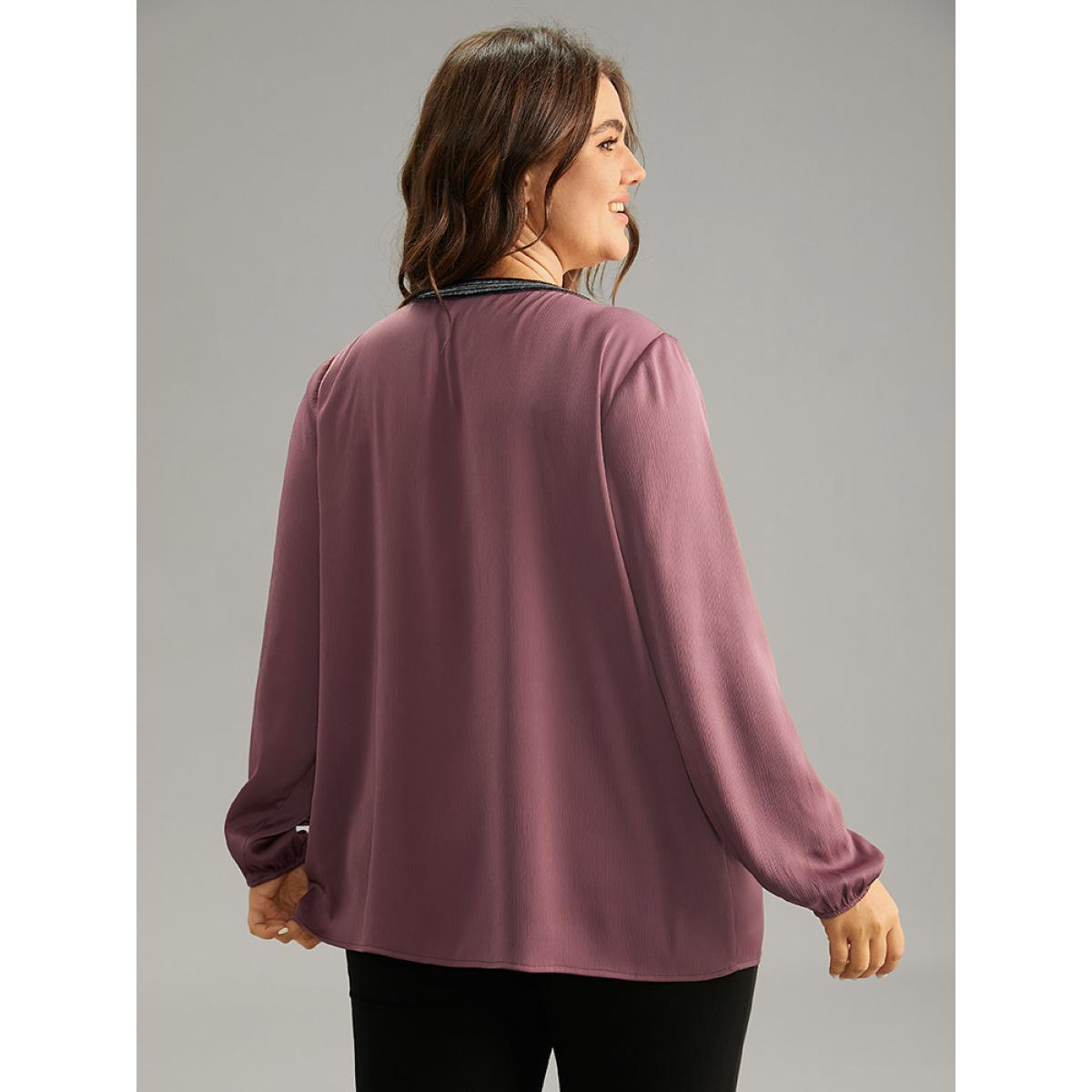 Plus Size DustyPink Static-Free Keyhole Pleated Contrast Webbing Blouse Women Office Long Sleeve Keyhole Cut-Out Office Blouses BloomChic 28/5X Product Image