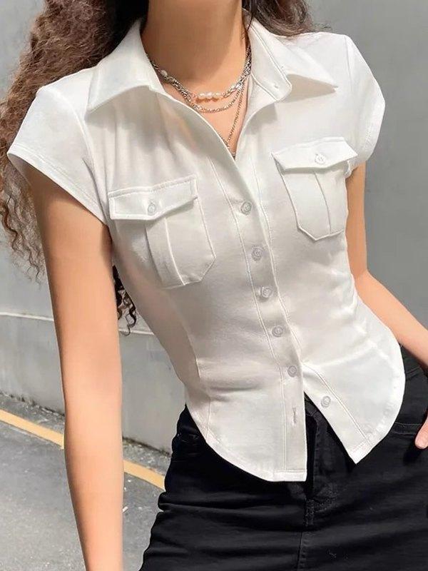 Front Pocket Buttoned Cropped Blouse Product Image