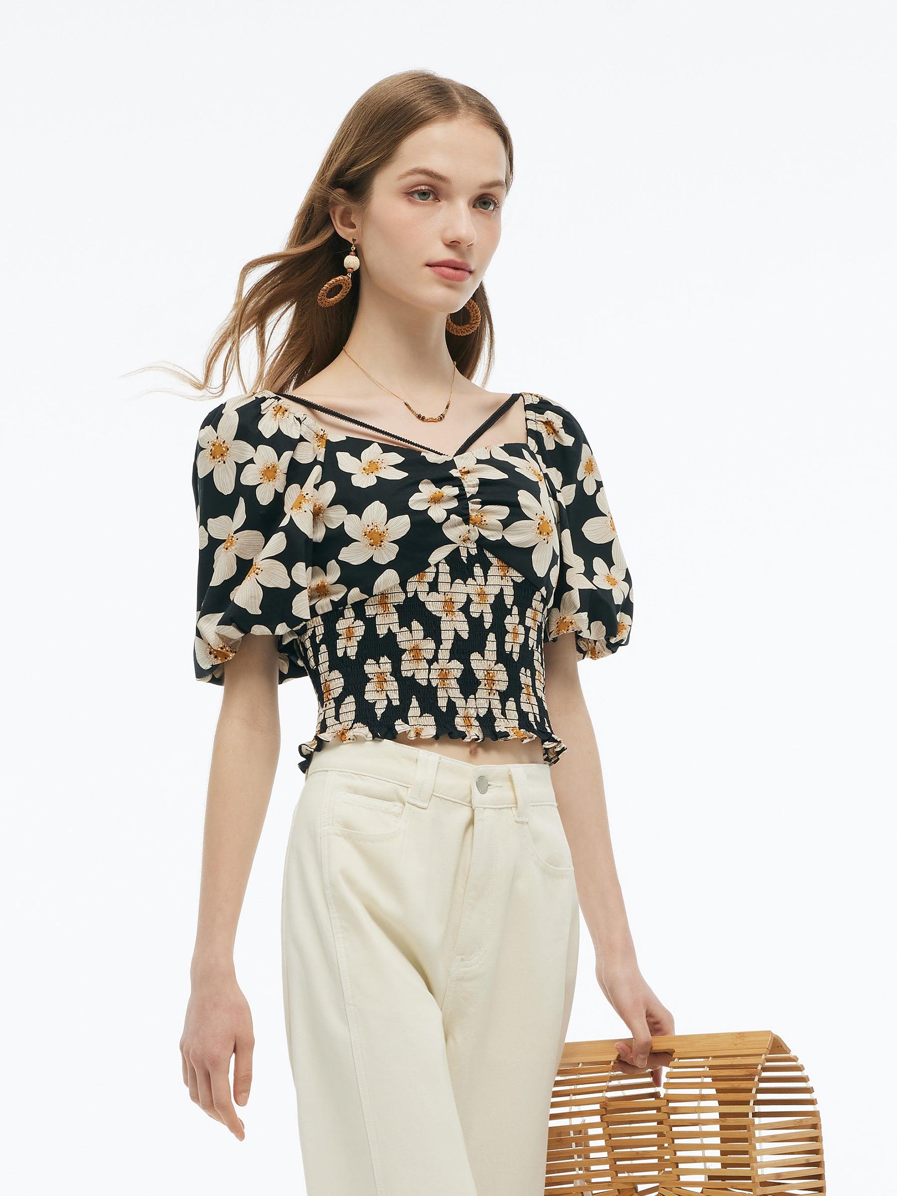 Cotton Stretch Floral Print Women Smocked Top Product Image