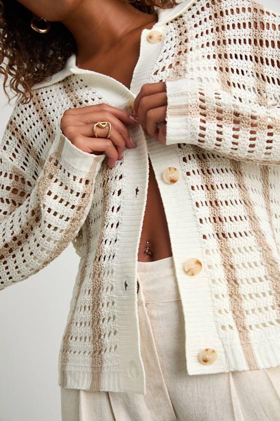 Maysen Ivory and Beige Striped Crochet Collared Cardigan Product Image