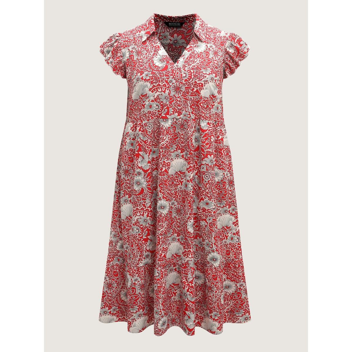 Plus Size Paisley Print Collar Flutter Sleeve Midi Dress Raspberry Women Boho Notched collar Cap Sleeve Curvy BloomChic 14-16/1X Product Image