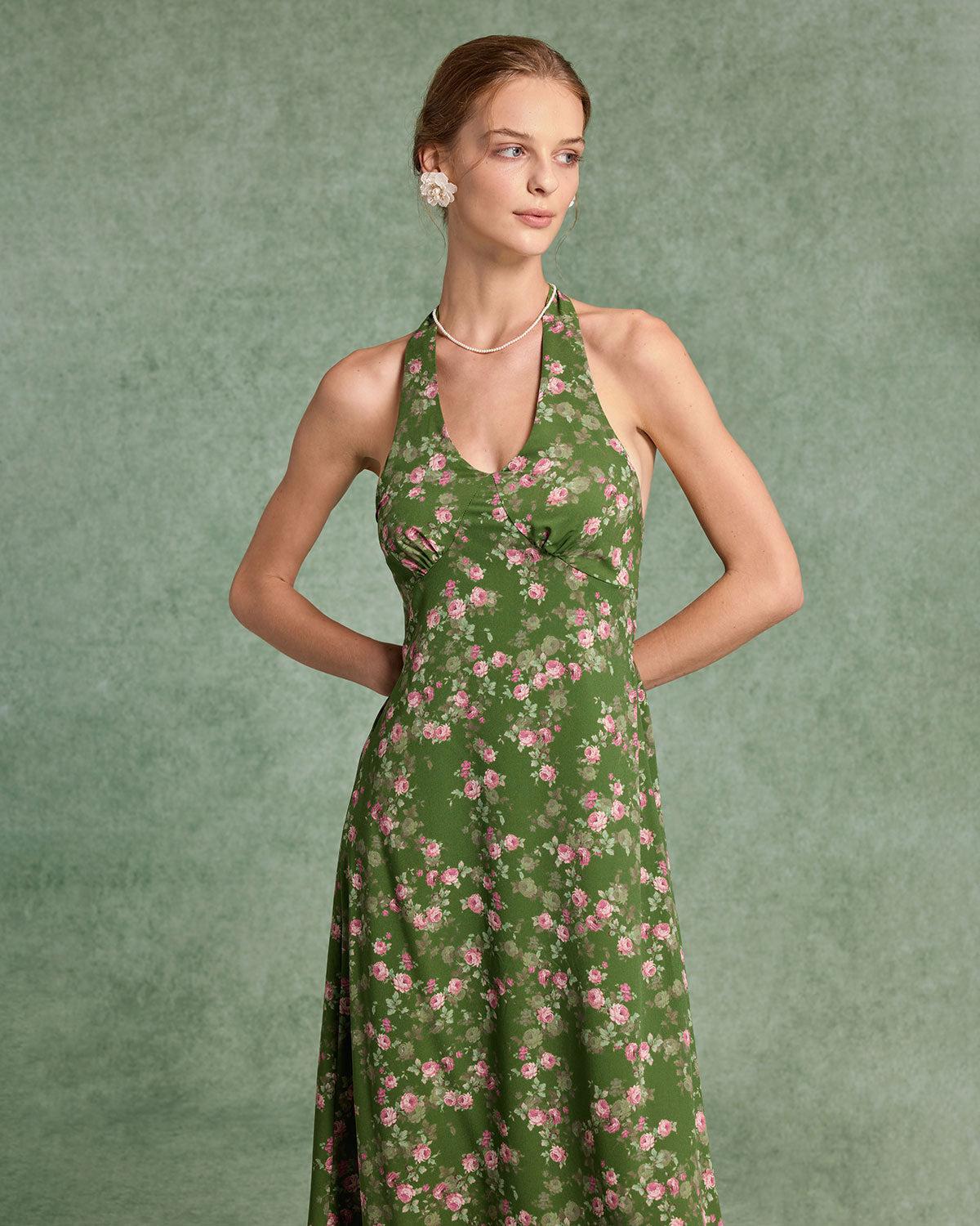 Green Floral Shirred Halter Maxi Dress Product Image