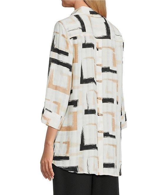 Multiples Petite Size Yarn-Dyed Geometric Print Point Collar 3/4 Turn-Up Sleeve Button Front Shirt Product Image
