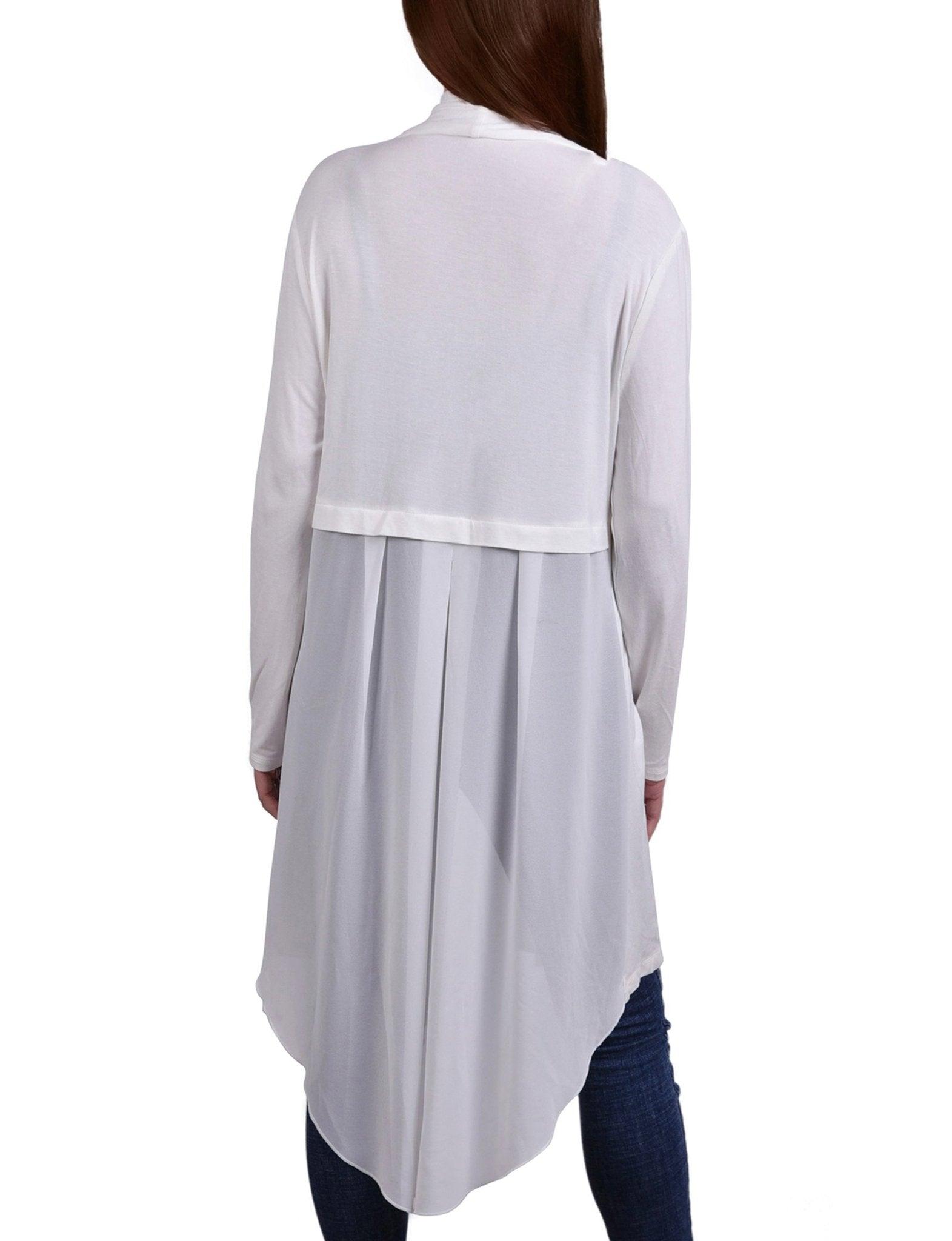 White Long Sleeve Knit Cardigan With Chiffon Back Product Image