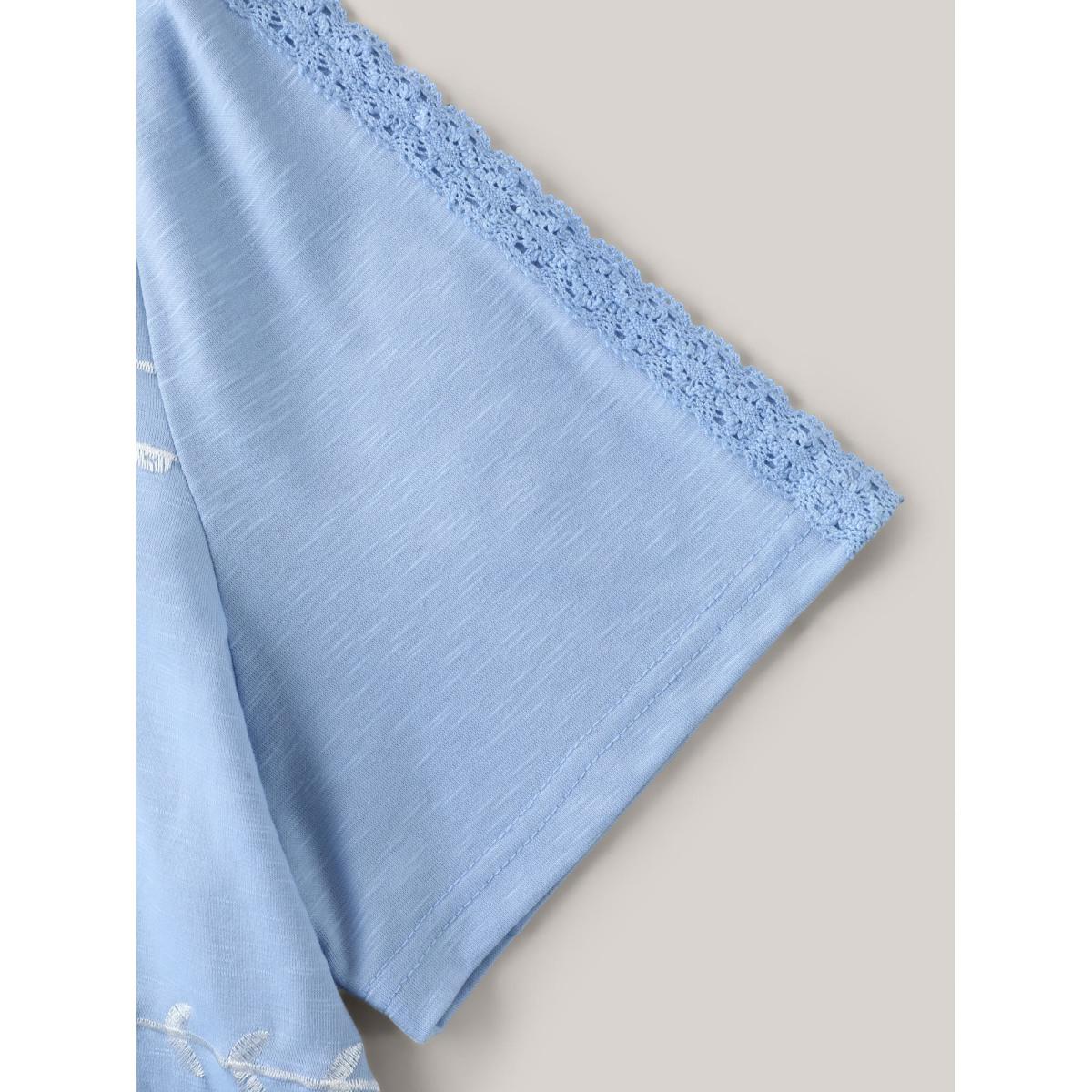 Plus Size Embroidered Lace Spliced Solid T-Shirt LightBlue Women Woven ribbon&lace trim Round Neck Everyday-Casual T-shirts BloomChic 30/6X Product Image