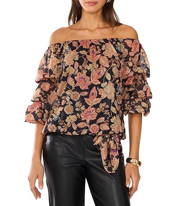 Vince Camuto Woven Floral Print Off-The-Shoulder Bubble 3/4 Sleeve Top Product Image