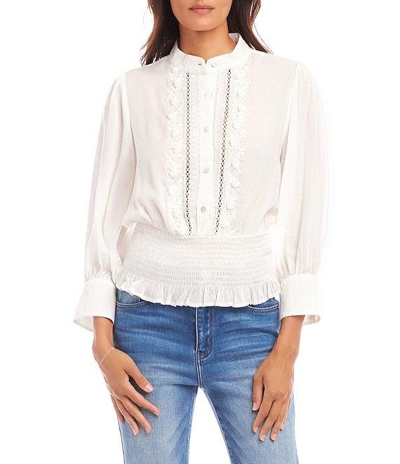 Karen Kane Banded Collar 3/4 Sleeve Embroidered Smocked Blouse Product Image