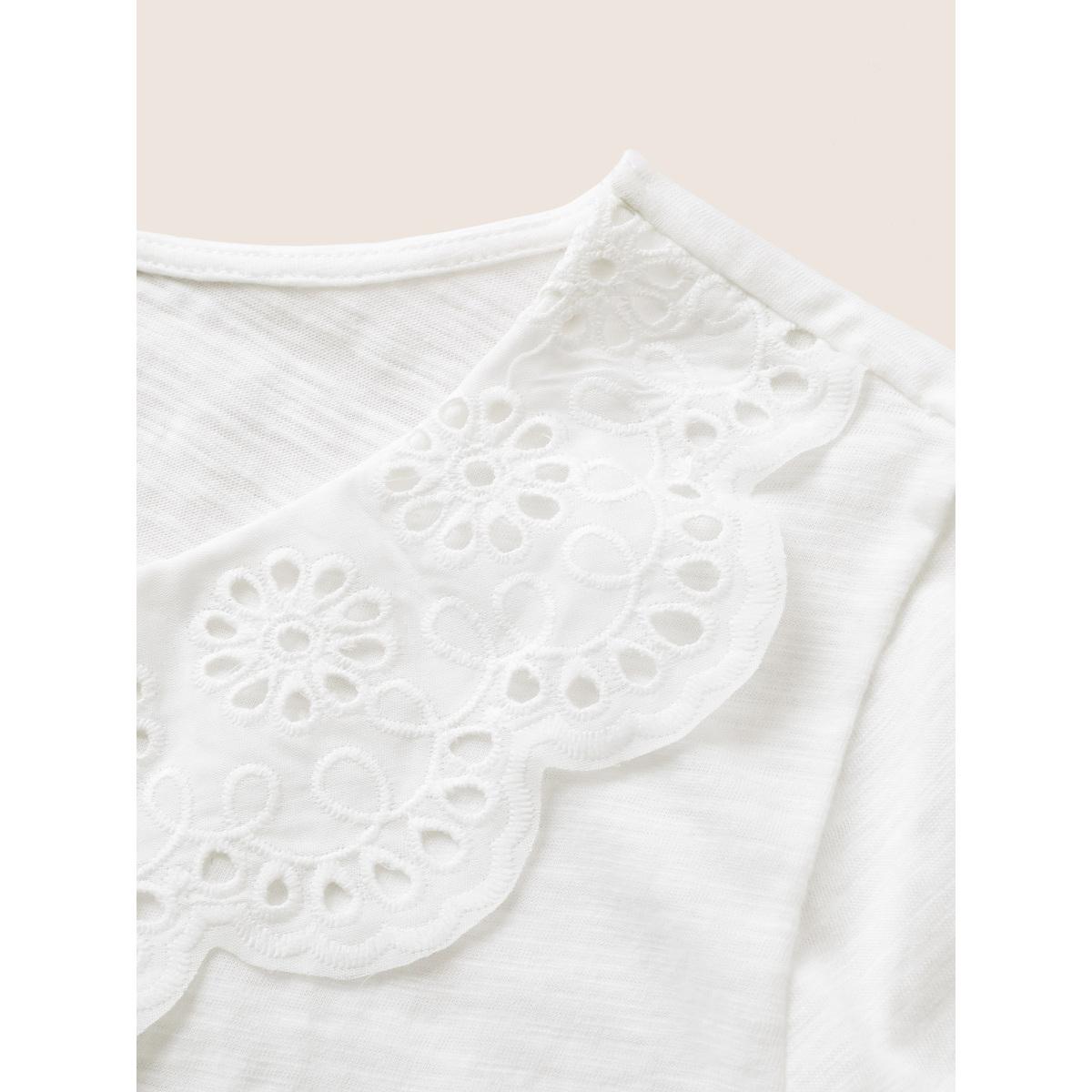 Plus Size Solid Broderie Anglaise Peter Pan Collar T-shirt White Women Elegant Non Plain Peter Pan Collar Everyday T-shirts BloomChic 26/4X Product Image