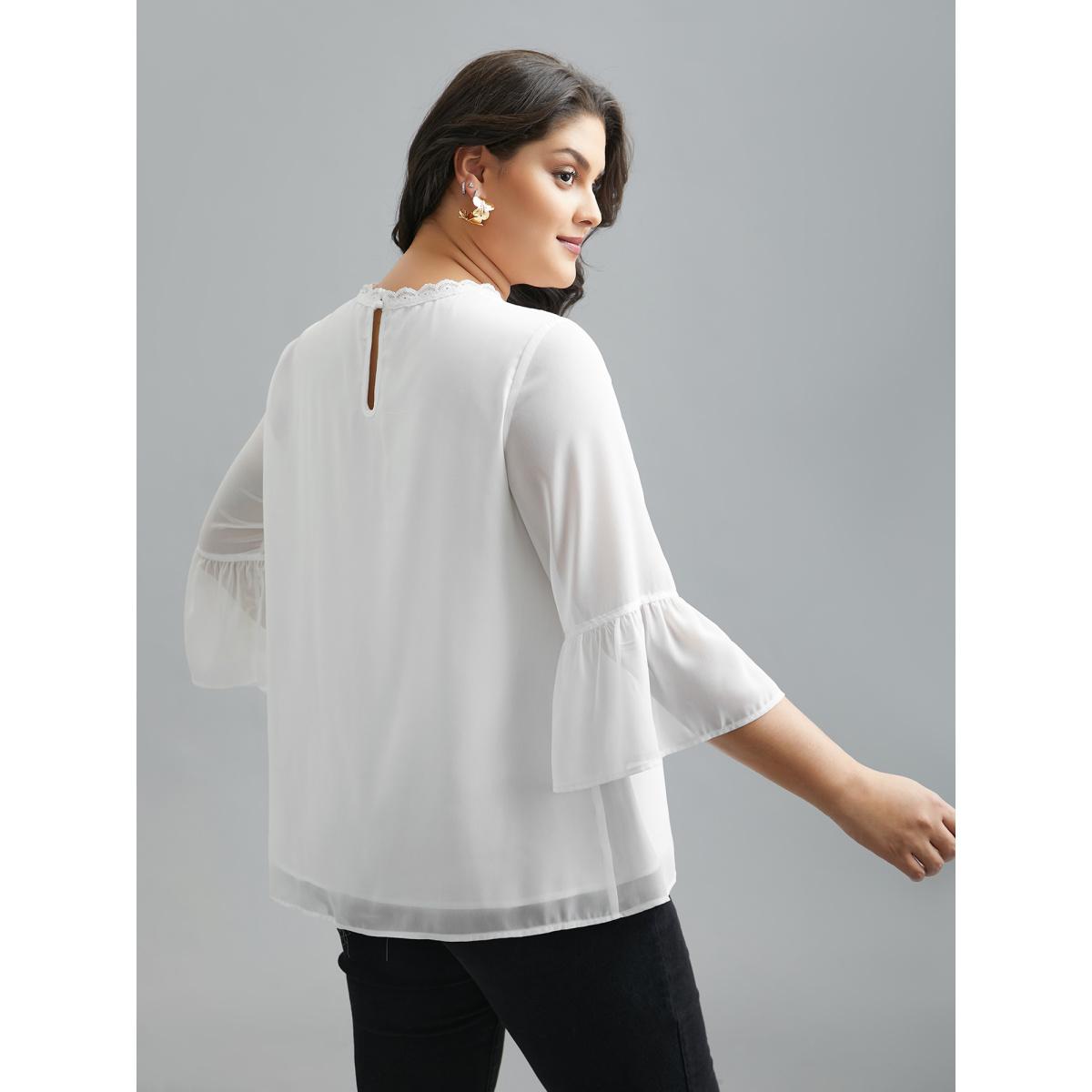 Plus Size Opticwhite Dreamy Lace Neck Flared Sleeve Chiffon Blouse Women Elegant Elbow-length sleeve Stand-up collar Everyday Blouses BloomChic 30/6X Product Image