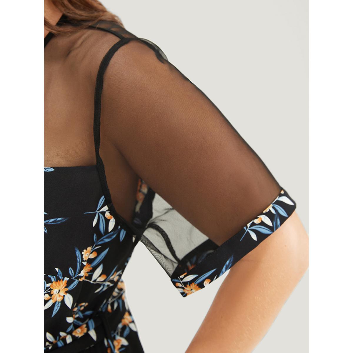 Plus Size Black Floral Mesh Patchwork Crew Neck Pocket Belted Jumpsuit Women Elegant Short sleeve Round Neck Dailywear Loose Jumpsuits BloomChic 22-24/3X Product Image