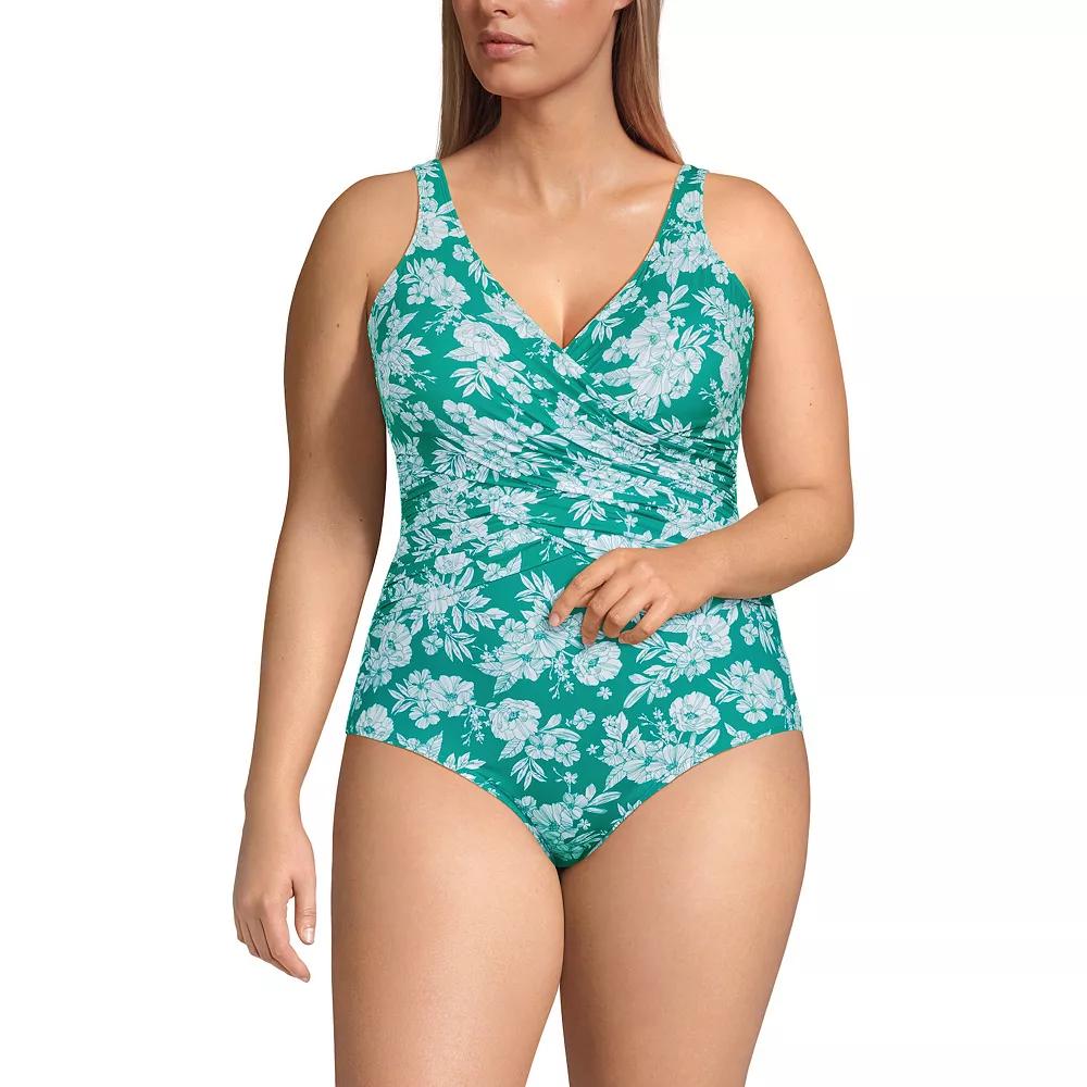 Plus Size Lands' End SlenderSuit Tummy Control Surplice One-Piece Swimsuit, Women's, Size: 20 W, Green White Floral Product Image