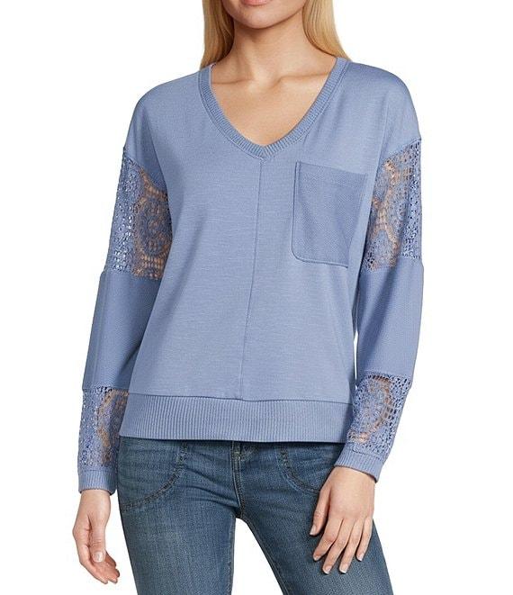 Nurture Petite French Terry Lace & Rib V-Neck Drop Shoulder Front Pocket Knit Pullover Product Image