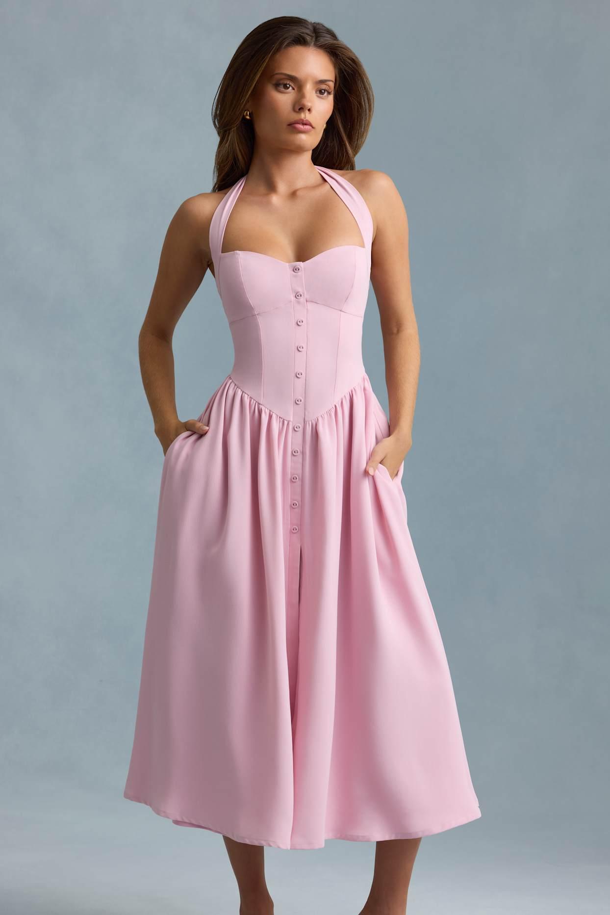 Button-Detail Halterneck Midaxi Dress in Soft Pink Product Image