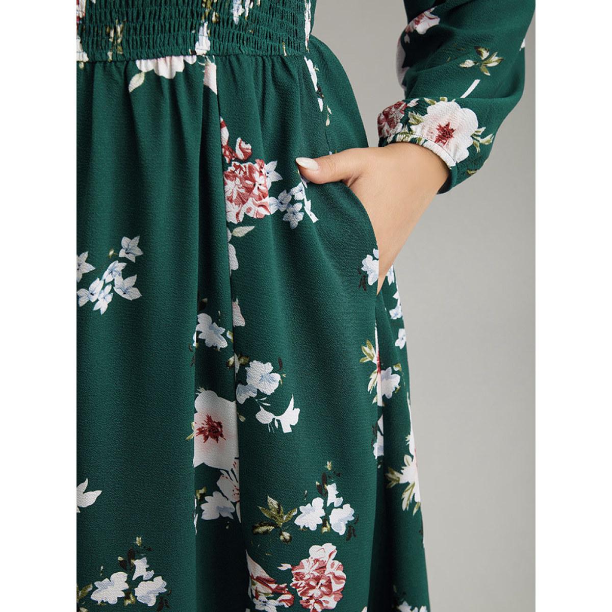 Plus Size Floral Print Split Hem Pocket Shirred Dress DarkGreen Women Elegant Elastic cuffs Square Neck Long Sleeve Curvy Midi Dress BloomChic 26/4X Product Image