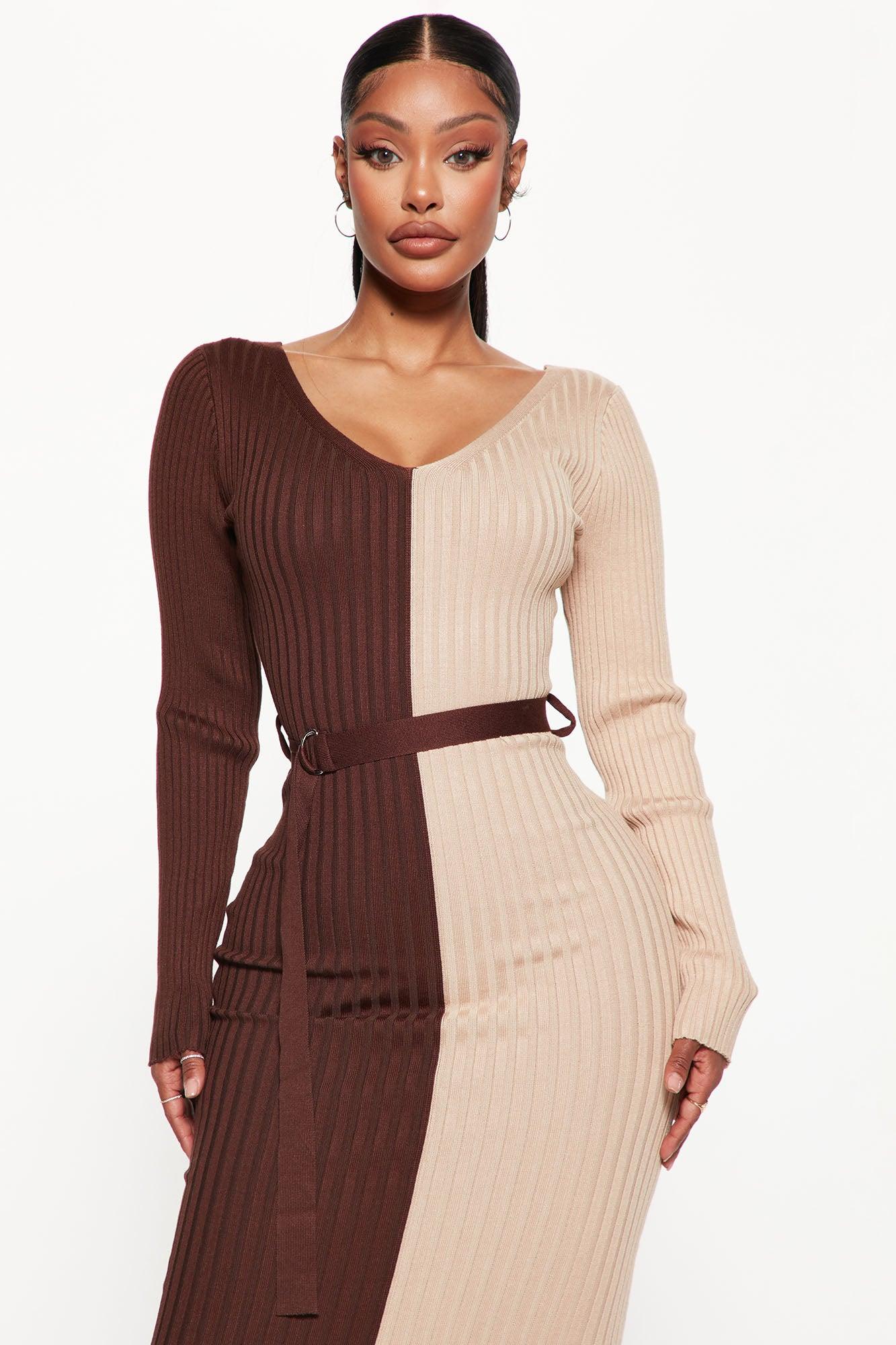Autumn Calls Colorblock Sweater Midi Dress - Chocolate/Combo Female Product Image
