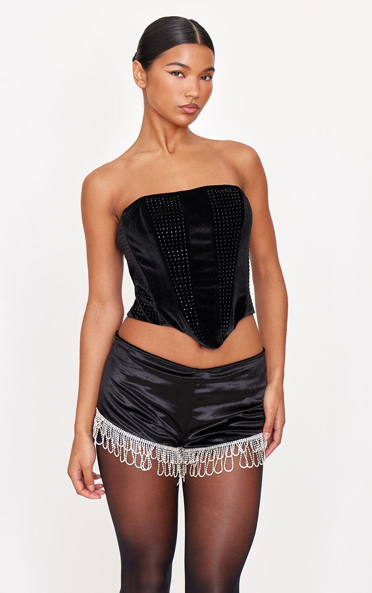 Black Velvet Diamante Trim Hot Pants Product Image