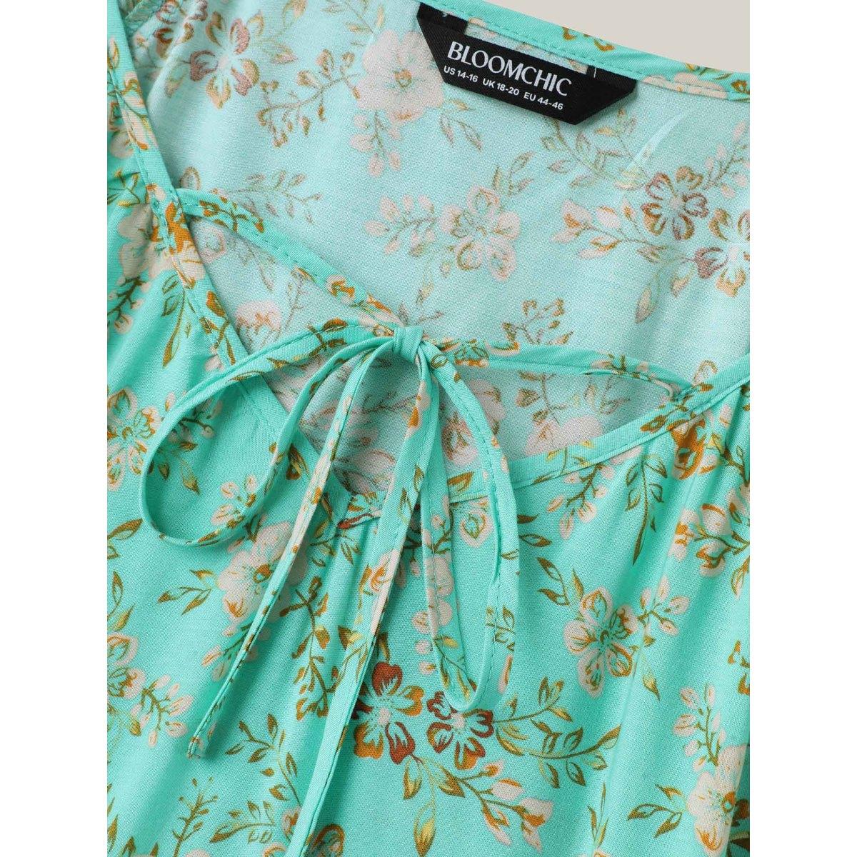 Plus Size Malachitegreen Boho Print Neck Ties Relaxed Fit Shirt Women Boho Elbow-length sleeve V-neck Vacation Blouses BloomChic 12/L Product Image