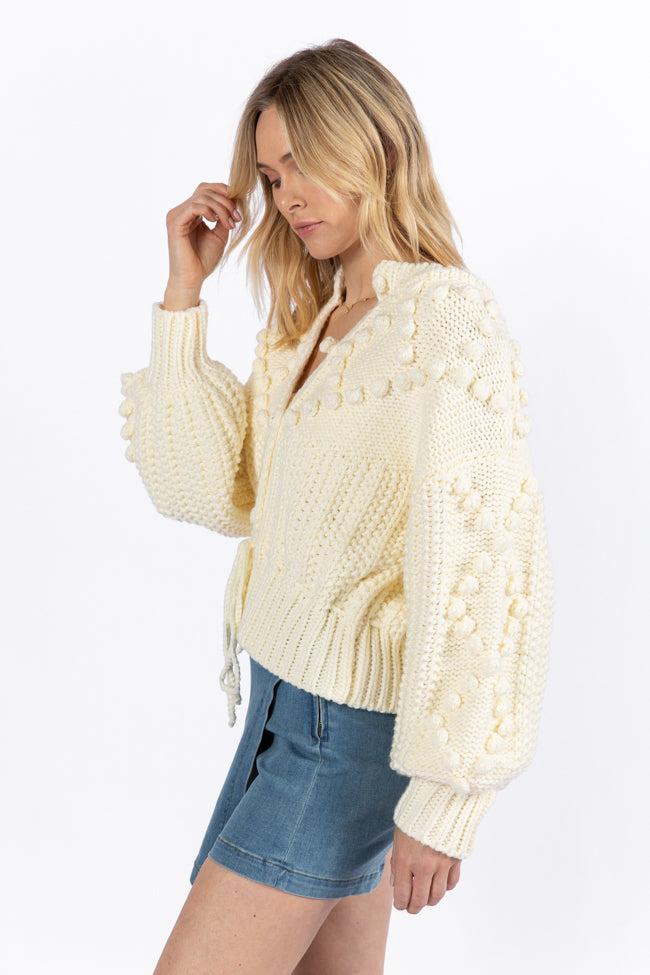 Pom Party Cream Chunky Cinched Waist Cardigan FINAL SALE Product Image