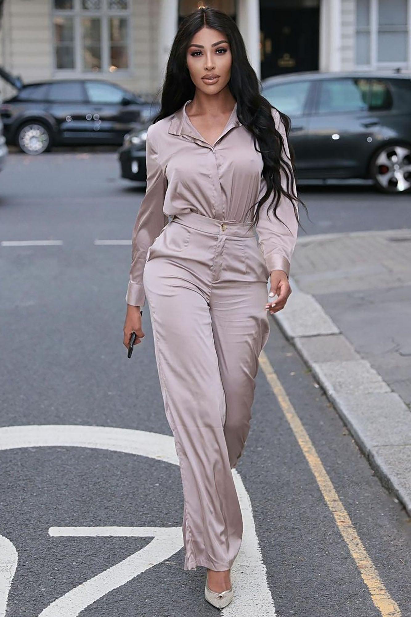 Office Favorite Satin Pant Set - Taupe Product Image