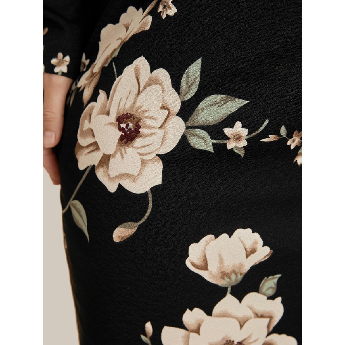 Plus Size Floral Print Belted Surplice Neck Knee Dress Black Women Elegant Belted V-neck Long Sleeve Curvy Knee Dress BloomChic 14-16/1X Product Image