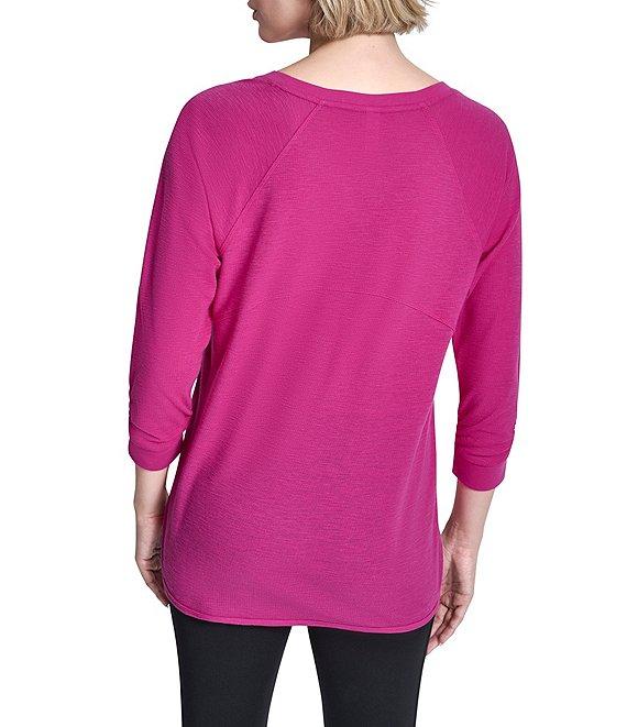 DKNY Sport by Donna Karan Mini Slub Waffle Knit Crew Neck 3/4 Ruched Sleeve Tee Product Image