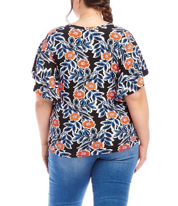 Karen Kane Plus Size Floral V-Neck Short Flutter Sleeve Top Product Image